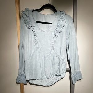Anthropologie Blue ruffle long Sleeve Blouse by Jane and Delancey